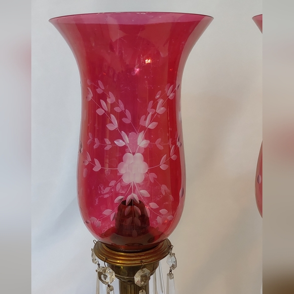 Antique Russian Brass Spring Loaded Candle Holders w/Etched Cranberry Globes - Picture 2 of 13